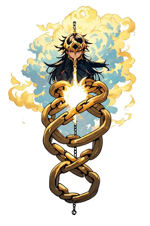 kurapikas chain of judgment wrapping around the leg with the pedant in the front with some light smoke and clouds backgr tattoo design idea