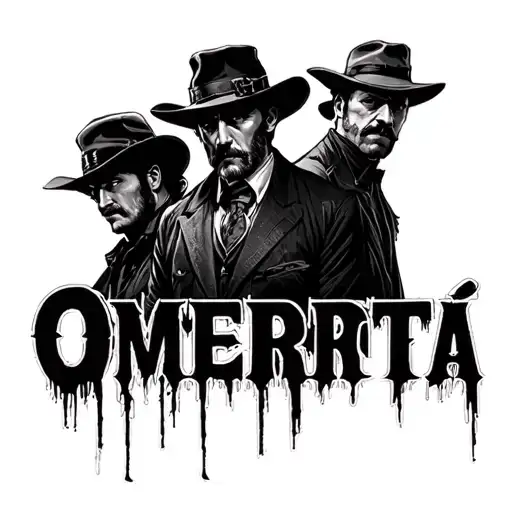 3 characters from the movie Tombstone portrait style with the word " OMERTÀ" in the back ground in a negative shade ole  tattoo design idea