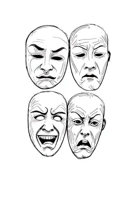4 theatrical masks joy sadness anger indifference tattoo design idea
