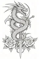 dragon with rose and swords crossed tattoo design idea
