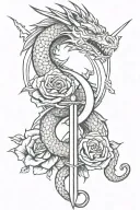 dragon with rose and swords crossed tattoo design idea