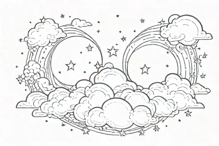 around bicep and tricep tattoo of a animated cloudy night sky with 2 four point stars and a moon tattoo design idea