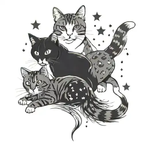 I want to minimal tattoo design 2 cats with together their tails like heart shape and some clover on the floor and stars tattoo design idea