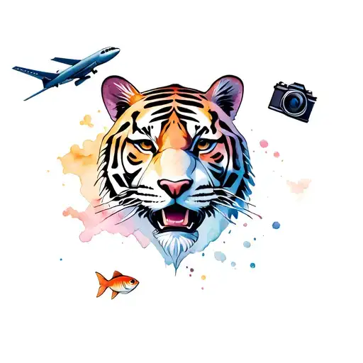 tiger head with fish and camera and plane flying tattoo design idea