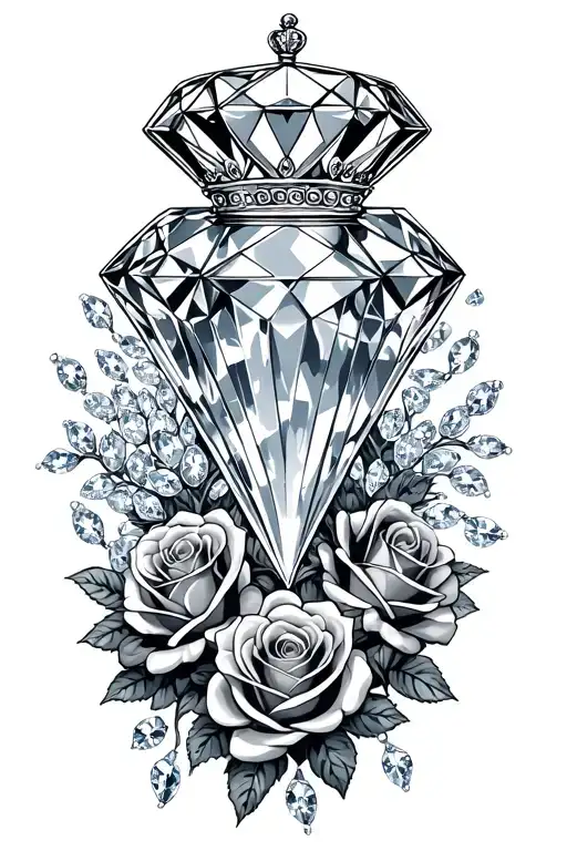 "Diamond in rough" big diamond with crown on top with roses filled with diamonds cascading down leg tattoo design idea