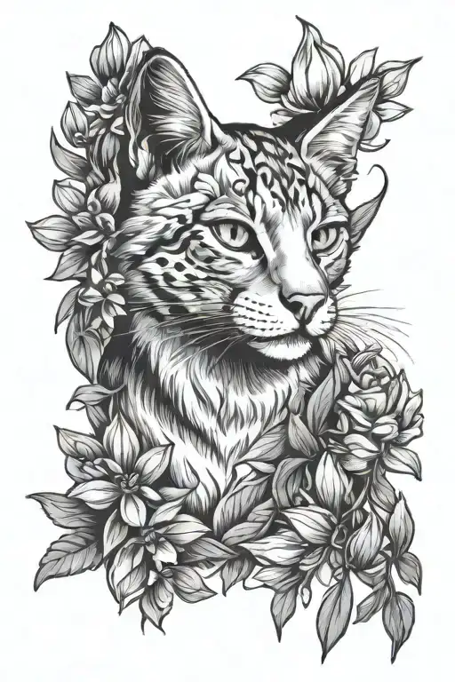 lupine flower and cat tattoo design idea