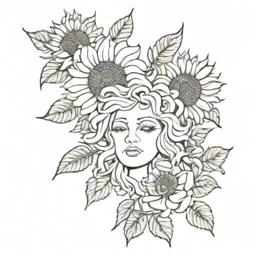 outline roses and sunflowers with a medusa head tattoo design idea