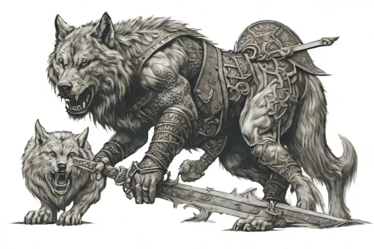 a viking with a sword facing a giant wolf tattoo design idea