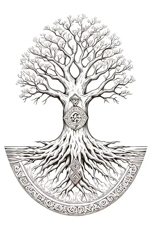 yggdrasil world tree with valknut inbued in  the corwn tattoo design idea
