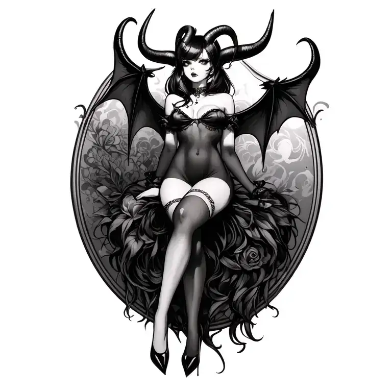 anime succubus with horns wearing stockings and high heels tattoo design idea