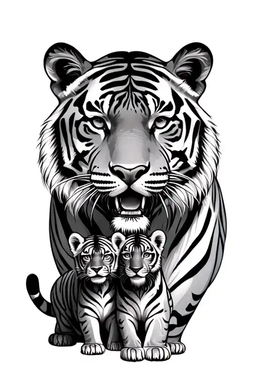 large tiger with two cubs tattoo design idea