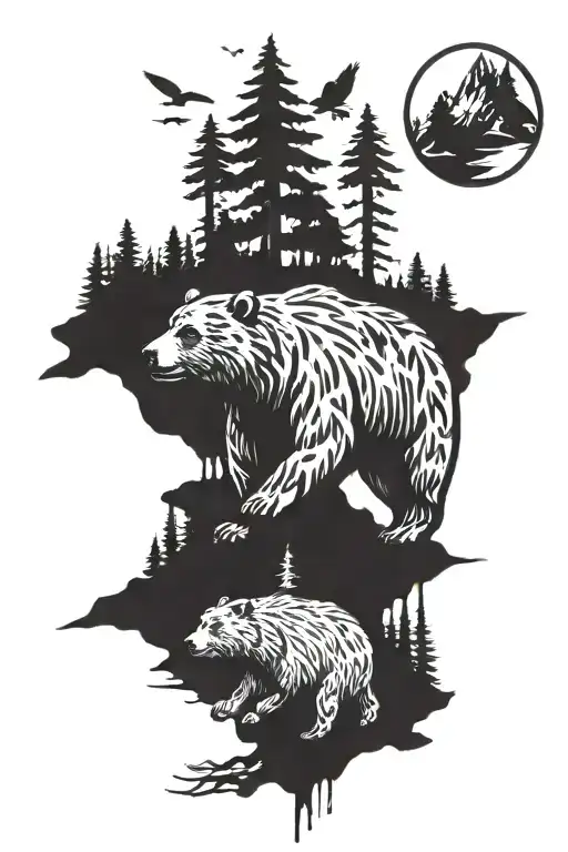 bear with forest scene tattoo design idea