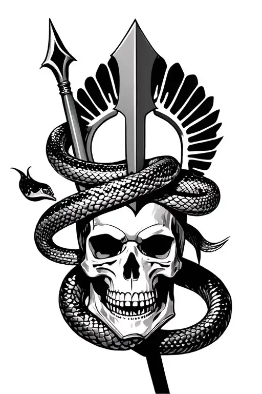 A snake wrapped on a spear with a spartan helmet planted on a skull tattoo design idea