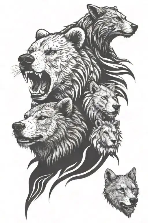Bear with wolf and lion sleeve tattoo tattoo design idea