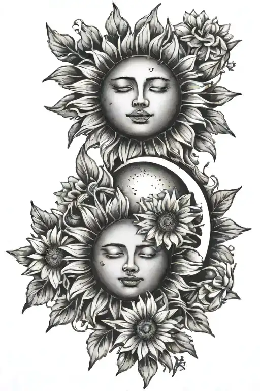 two matching tattoos on biceps of a sun & a crescent moon with daisies without faces  tattoo design idea