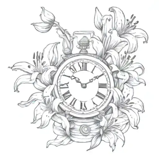 lily flowers surrounding a clock stopping on 11:59pm tattoo design idea