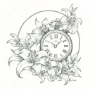 lily flowers surrounding a clock stopping on 11:59pm tattoo design idea