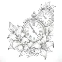 lily flowers surrounding a clock stopping on 11:59pm tattoo design idea