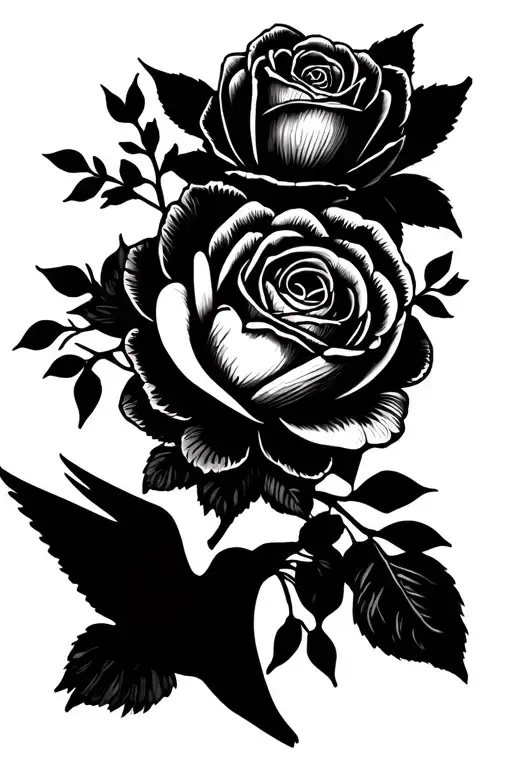 Flower tattoo with roses and peonies, integrated heart, chickadee, red throat or hummingbird, fine line, colorless tattoo design idea