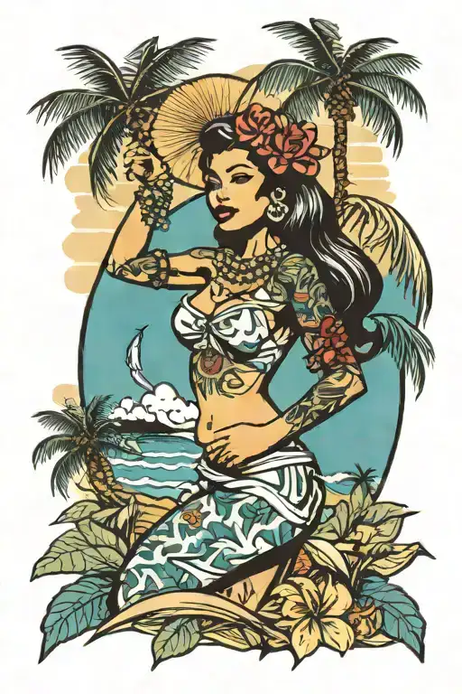 hula girl pin up  with tattoos standing with palm tree in color tattoo design idea