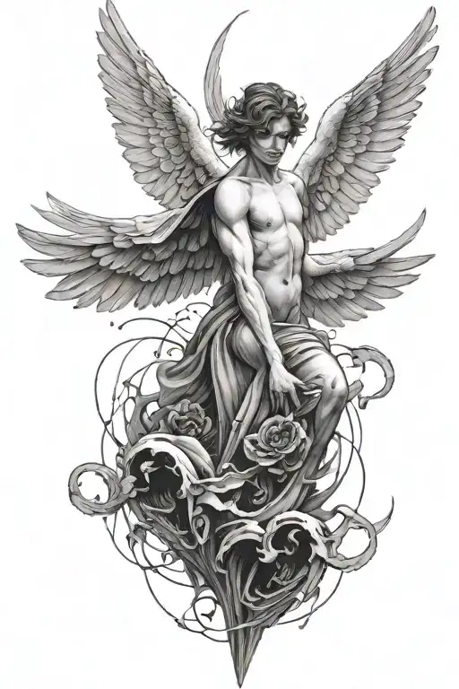 "A fallen angel, depicted with broken wings and a tormented expression, descending into a cone-shaped abyss. The abyss i tattoo design idea