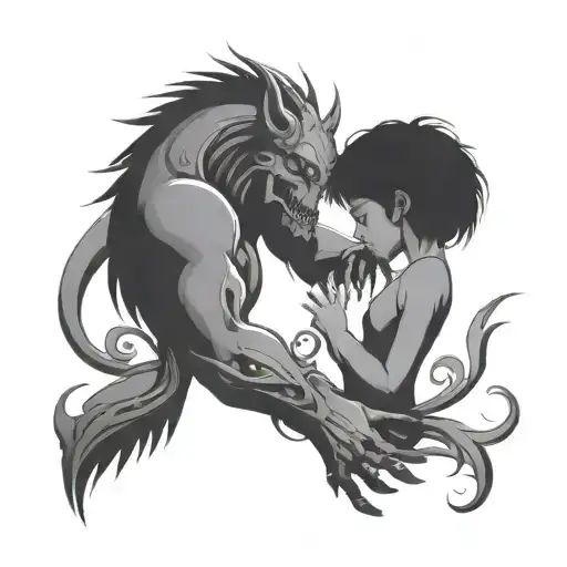 a siloutte of a girl comforting a shadow demon tattoo design idea