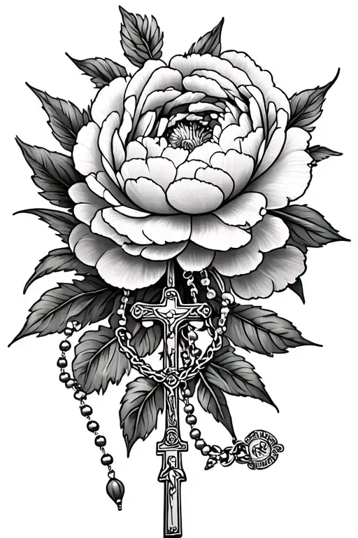 Peony bouquet with Catholic Rosary intertwined within tattoo design idea