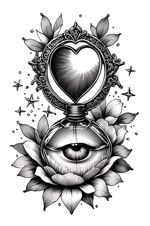 heart eye, lip shaped flower petals, old english mirror, stars, perfume bottle tattoo design idea