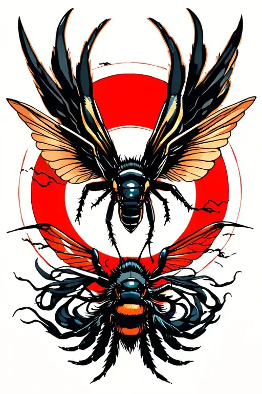 hornet flying toward red sun tattoo design idea