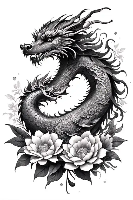 sketch a feminine tattoo that consists of a vietnamese style dragon, flowers and  mandalas tattoo design idea