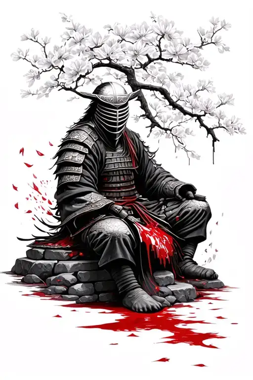 The face is hidden by the mask samurai sits on stone from stone stuck blood and the petals of sakura falls tattoo design idea