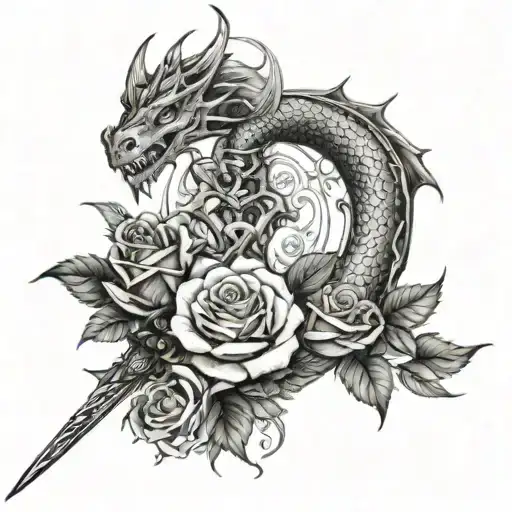 lust, love, passion, sexual fantasy, roses, stars, dragon, sword tattoo design idea