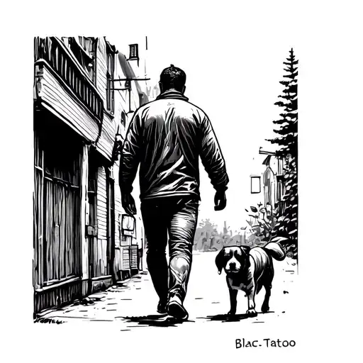 man walking away with dog sketch tattoo design idea