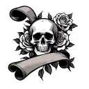 cross wrapped in scroll rose and skull tattoo design idea