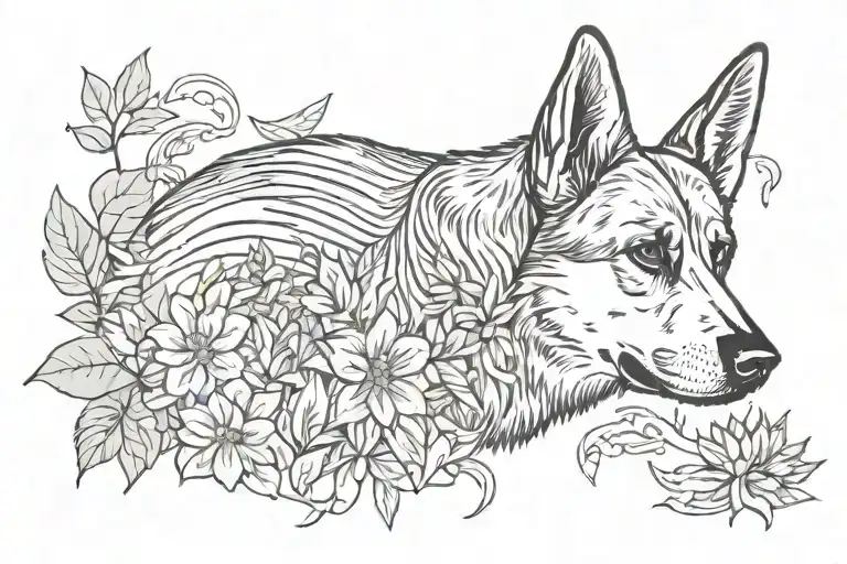 A detailed drawing of a German Shepard with a skeleton key collar, surrounded by frogs and 420 plants tattoo design idea