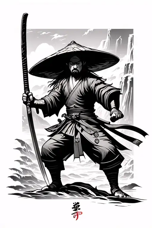 Japanese Ronin wearing strawhat wielding a katana blade with kanji on the blade and waterfall in the background tattoo design idea