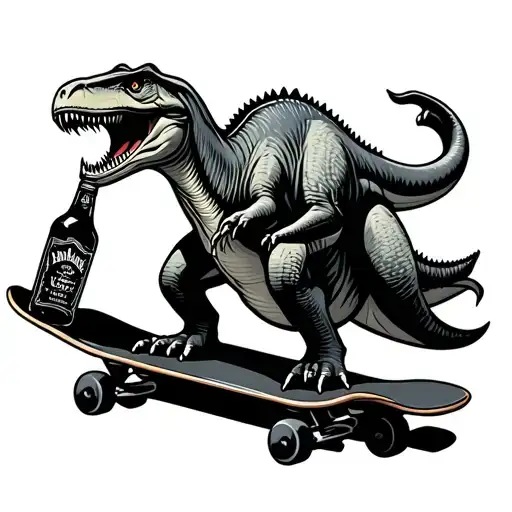 dinosaur riding a skateboard while drinking a bottle of jack daniels tattoo design idea