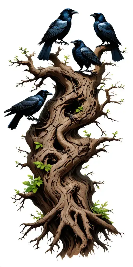 gnarled twisted tree with ravens sitting in the branches  tattoo design idea