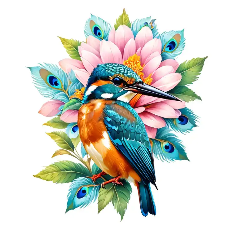 kingfisher perched on a cosmo flower with peacock royal butterfly  tattoo design idea