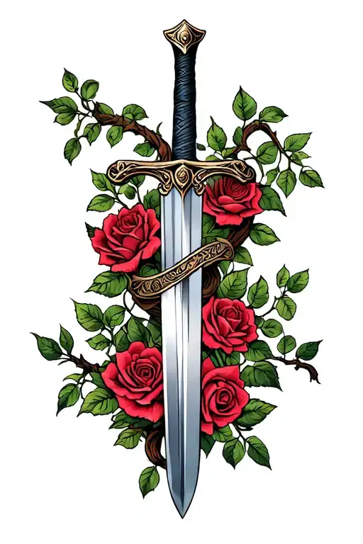 sword with roses on vine wrapped around it  tattoo design idea