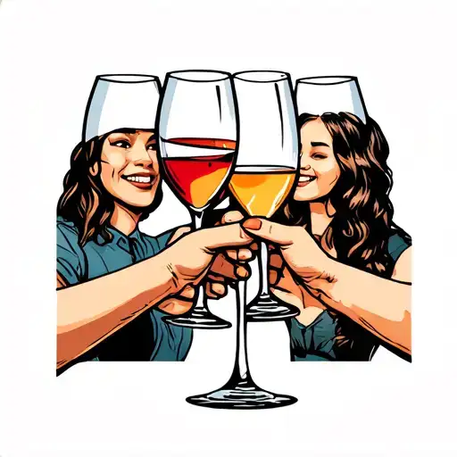 A tattoo design of a group of friends toasting glasses of wine, with each glass representing a different country you've traveled to, symbolizing your passion for friendship and travel. tattoo design idea