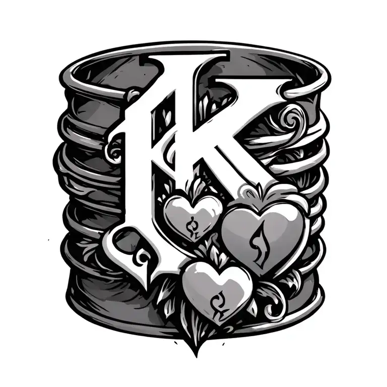 bracelet tattoo with the letter k, warrior symbol, and a heart tattoo design idea