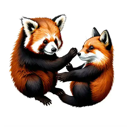 red panda, river otter and fox playing tattoo design idea