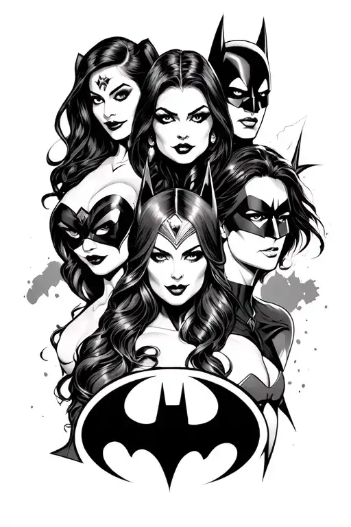 the symobls of Harley quinn, poison Ivy, catwoman, batgirl batman and wonder woman anc the dc logo itself tattoo design idea