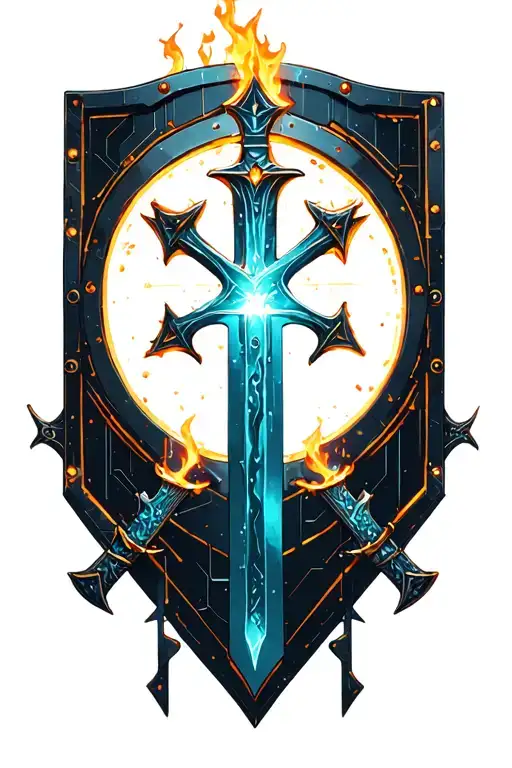 Two daggers and sword hiden behind a shield. Orthodox cross. Water fire  tattoo design idea
