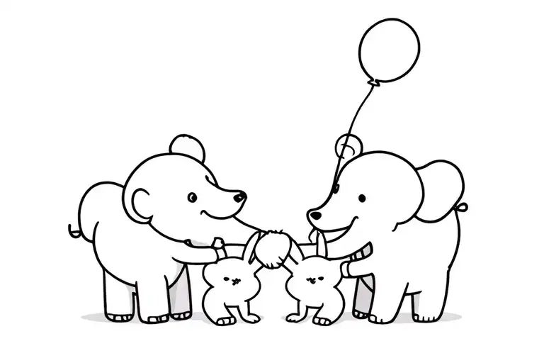 Cartoon bear holding hands with an elephant and a bunny and they’re each holding a balloon tattoo design idea