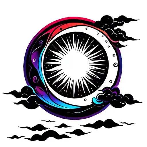 crescent moon with sun inside the circle and clouds at the bottom, eerie, dark red purple blue and black fade tattoo design idea