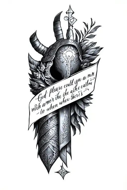 Religious style forearm tattoo with inscription "God, please could you arm me with the armor, to calm me when there's d" tattoo design idea