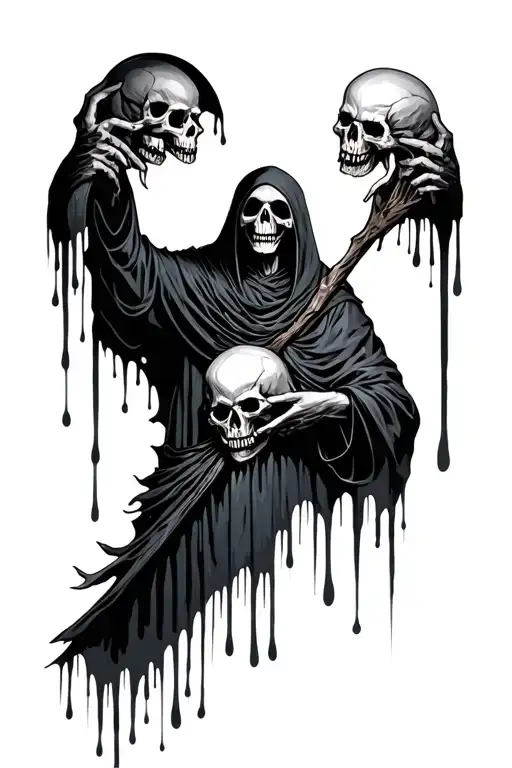 grim reaper holding skulls with ink drips underneath tattoo design idea