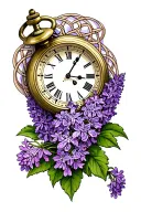 Celtic cross, purple lilacs, pocket watch, pocket watch, Cheshire Cat tattoo design idea